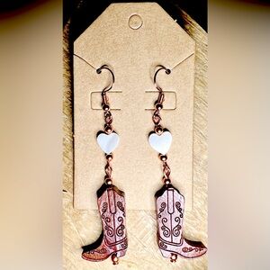New earrings, handmade, wood brown boots paired w/ beautful shell & copper.